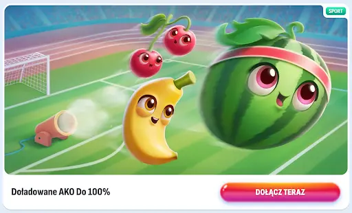 Nomini Casino – Zwiększ swoje zakłady dzięki promocji Doładowane AKO do 100%, dołącz teraz! Promocja sportowa w kasynie Nomini – Doładowane AKO do 100% z owocowymi postaciami na stadionie