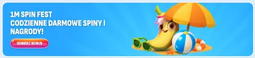 Promocja 1M Spin Fest w kasynie Nomini z codziennymi darmowymi spinami i nagrodami, banan pod parasolem