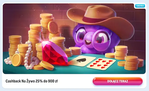 Nomini Casino – Odbierz cashback 25% do 900 zł w grach na żywo, dołącz teraz! Promocja cashback w kasynie na żywo w Nomini – 25% do 900 zł z fioletowym bohaterem przy stole do gry