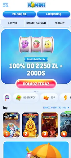 Strona główna mobilnej wersji kasyna Nomini z bonusem powitalnym 100% do 2 250 zł + 200 spinów