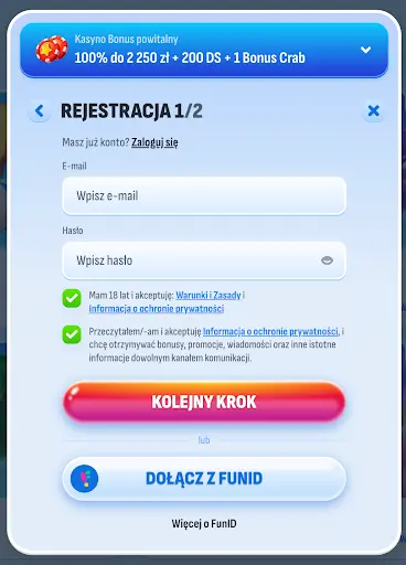 Nomini Casino – Rozpocznij rejestrację i odbierz bonus powitalny do 2 250 zł, 200 spinów i 1 Bonus Crab Formularz rejestracji w kasynie Nomini – krok 1 z 2 z bonusem powitalnym 100% do 2 250 zł + 200 spinów + 1 Bonus Crab