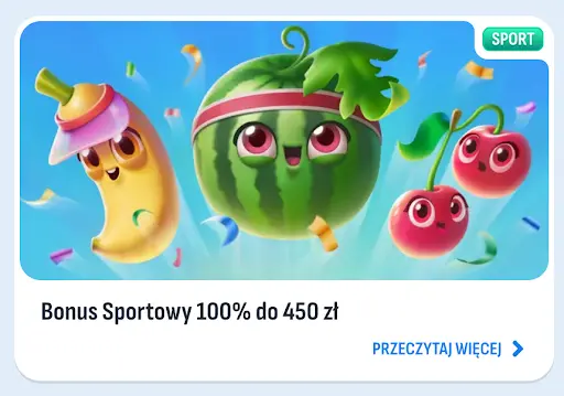 Nomini Casino – Odbierz bonus sportowy 100% do 450 zł i rozpocznij grę! Bonus sportowy w kasynie Nomini – 100% do 450 zł z uśmiechniętymi owocami i konfetti