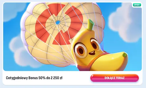 Nomini Casino – Cotygodniowy bonus 50% do 2 250 zł na zakłady sportowe, dołącz teraz! Cotygodniowy bonus sportowy 50% do 2 250 zł w kasynie Nomini z bananem lecącym na spadochronie