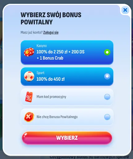 Nomini Casino – Wybierz swój bonus powitalny: kasynowy do 2 250 zł, sportowy do 450 zł lub podaj kod promocyjny Formularz wyboru bonusu powitalnego w kasynie Nomini – kasyno, sport, kod promocyjny lub brak bonusu