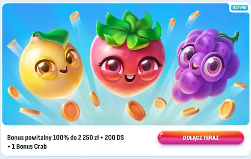Owoce promujące bonus powitalny 100% do 2 250 zł + 200 darmowych spinów i 1 Bonus Crab w kasynie Nomini