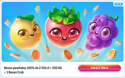 Nomini Casino – Bonus powitalny 100% do 2 250 zł, 200 spinów i 1 Bonus Crab dla nowych graczy Kolorowe owoce w promocji powitalnej kasyna Nomini – bonus 100% do 2 250 zł + 200 darmowych spinów i 1 Bonus Crab