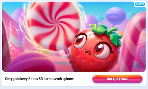 Truskawka i cukierkowy świat promujący cotygodniowy bonus 50 darmowych spinów w kasynie Nomini