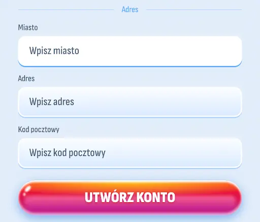 Nomini Casino – Wprowadź dane adresowe i kliknij „Utwórz konto”, aby zakończyć rejestrację Formularz adresowy w kasynie Nomini – wpisz miasto, adres i kod pocztowy, a następnie utwórz konto